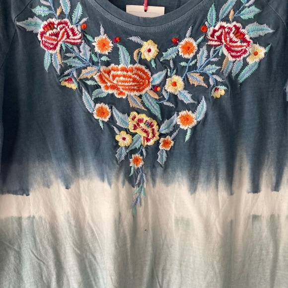 Boho Cotton T Shirt Dress Blue Tie Dye Knee Length Embroidered Short Sleeve sml - Picture 2 of 6